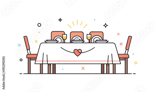 Tablecloth family dinner moment illustrated by a rectangular covered table with plates arranged for multiple seats and subtle heart accent, symbolizing