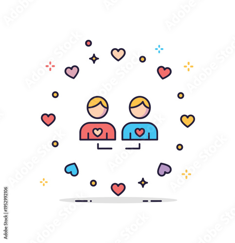 Social connection and kindness symbol featuring a circle of small heart icons surrounding two central figures. The image communicates belonging, emotional