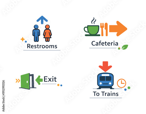 Navigation signage system guiding movement through a clean public space, using arrows and symbols to communicate direction, clarity, and confidence