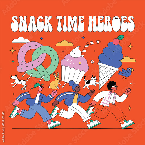 Snack Time Adventure — Vibrant Vector T-Shirt Design with Playful Characters and Dynamic Action