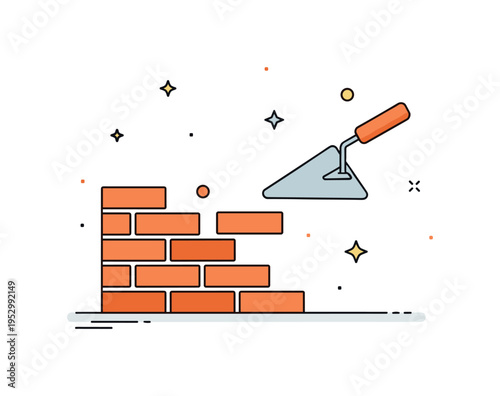 Bricks and trowel renovation concept illustrated by a partially built wall with one brick being carefully set into place by a trowel. The scene conveys