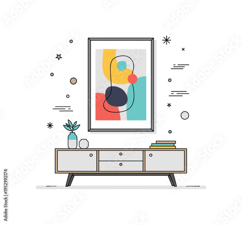Minimal interior styling with statement artwork featuring a single oversized abstract frame as the focal point above a clean sideboard, expressing confidence