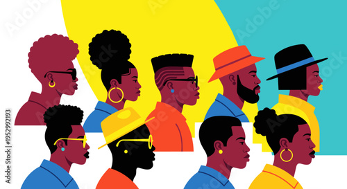 A vibrant illustration featuring diverse individuals with various hairstyles and accessories in a modern, flat style