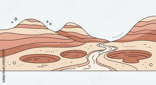A stylized desert landscape featuring rolling hills and circular depressions in a minimalist flat design
