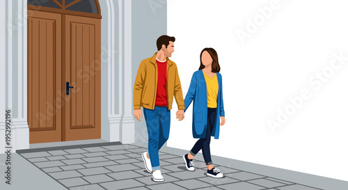 A couple walking hand in hand in a modern, flat design style, perfect for relationship or lifestyle themes