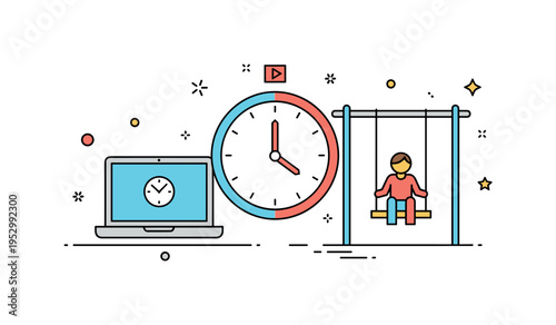 Time management for parents illustrated with a clock in the center divided visually between a laptop icon and a child swing symbolizing shared attention