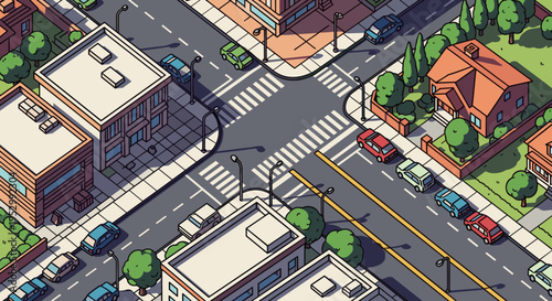 A vibrant urban street scene featuring buildings, crosswalks, and parked cars in a flat design style