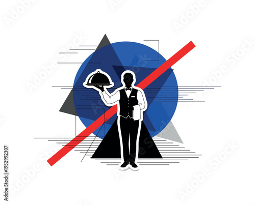 Black and white waiter holding a covered serving tray, oversized cobalt blue circle behind the tray as focal spotlight, bold red diagonal bar