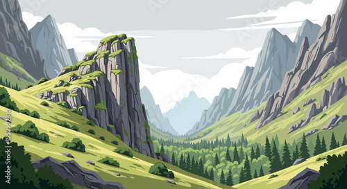 A serene landscape featuring rocky mountains and lush green valleys in a modern flat style