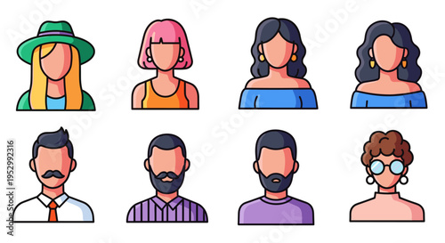 A collection of diverse character avatars featuring various hairstyles and accessories in a flat design style