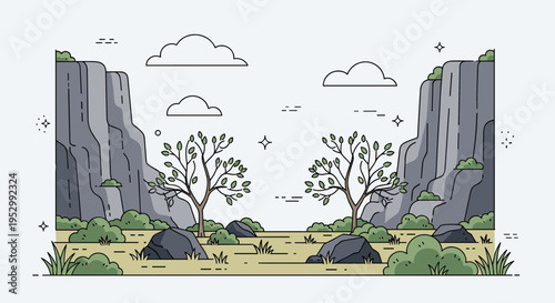 A serene landscape featuring rocky hills and lush trees in a minimalist style, perfect for nature themes