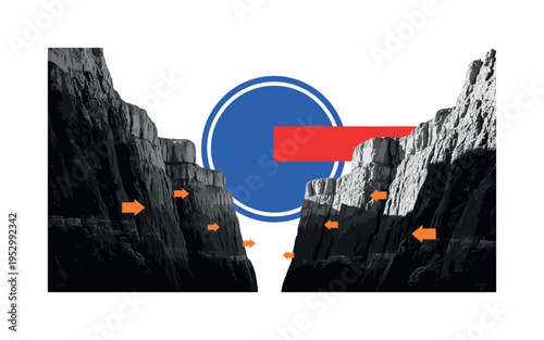 Black and white steep canyon walls forming narrow passage, vivid cobalt blue circular halo anchoring composition, bright red rectangular accent overlapping