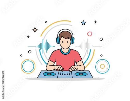 DJ live set performer behind a mixing console with circular light effects and subtle sound wave accents, symbolizing electronic music energy and dance floor