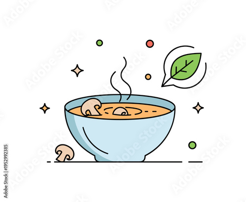 Vegetarian creamy soup idea built around a bowl of mushroom soup with a subtle leaf icon accent suggesting plant based nutrition and natural ingredients. A