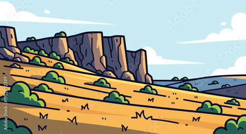 A vibrant landscape featuring rolling hills and rocky cliffs in a modern, colorful illustration style