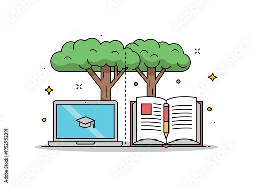 Outdoor study session under leafy tree canopy with a laptop and open book placed side by side, expressing balance between traditional reading and digital
