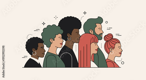A diverse group of people in profile view, illustrated in a modern, minimalist style, ideal for social themes