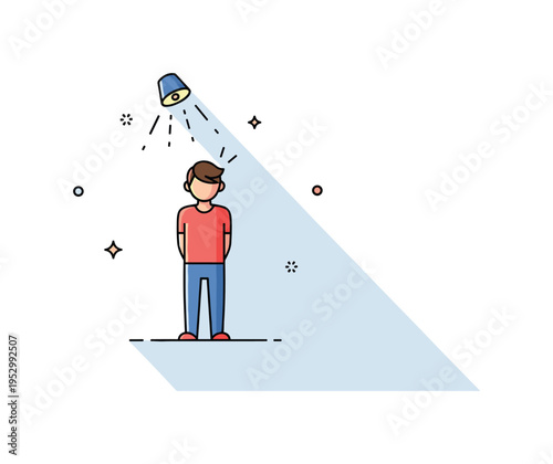Stage fright moment with a person standing rigid under a small spotlight expressing performance anxiety and sudden stillness. Tiny sparkle accents and strong