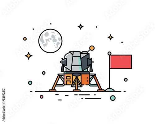 Moon landing scene with a compact lunar module and a small flag planted beside it. The composition reflects achievement, historic milestones, and exploration