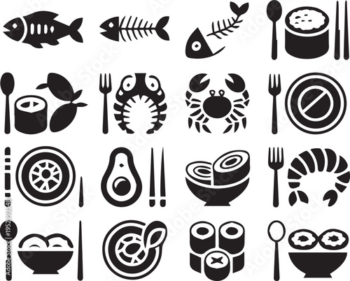 Seafood and Japanese cuisine silhouette icons with sushi fish crab shrimp chopsticks vector illustration