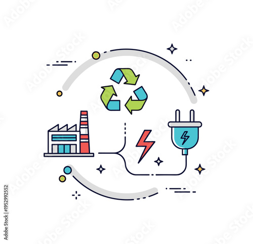 Circular economy energy facility illustrated by a small factory building connected to a recycling symbol that transforms into an electric plug representing