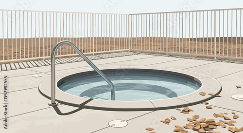 A minimalist illustration of a circular hot tub on a rooftop terrace, featuring a metal railing and scattered stones