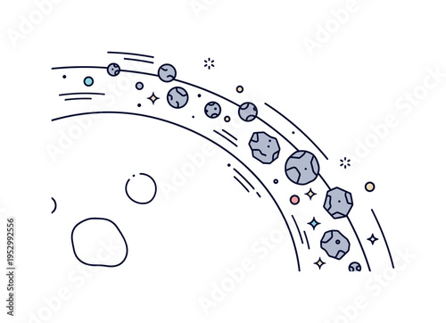 Outer rim asteroid field featuring scattered rock silhouettes curving along the edge of a planet representing frontier regions of the universe. Tiny sparkle