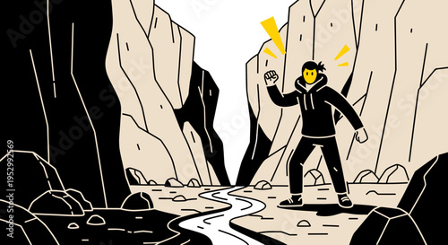 A determined figure stands triumphantly in a rocky canyon, featuring a minimalist and modern illustration style, ideal for motivation themes