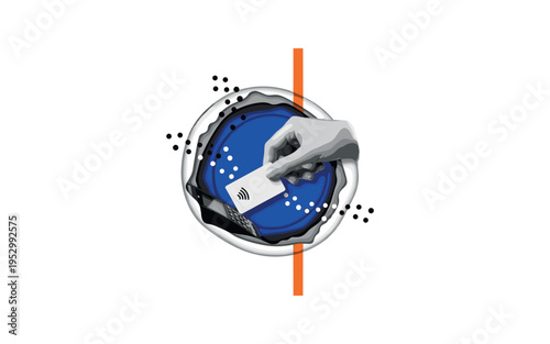 Black and white hand holding contactless card near reader, vivid cobalt blue circle centered behind the gesture, bright orange vertical accent line slicing