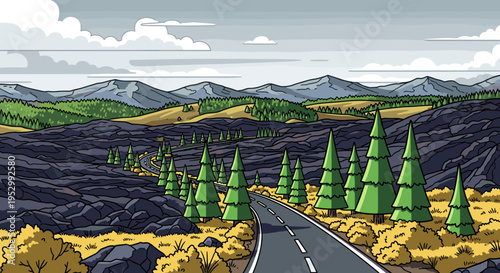 A winding road through a mountainous landscape with evergreen trees and rocky terrain in a modern illustration style