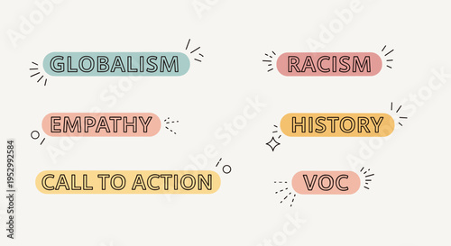 A collection of colorful, modern concept words highlighting social themes, featuring a playful design style