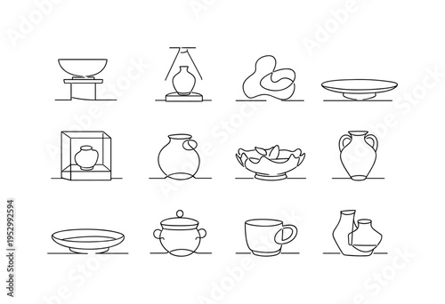 Gallery Exhibition of Decorative Ceramics. Minimalistic set one-line drawing pedestal with bowl, spotlighted vase, artistic ceramic sculpture, elegant serving