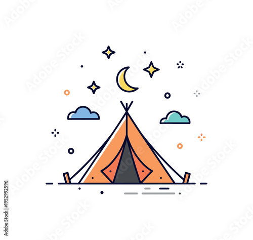 Camping overnight section centered on a pitched tent with a small crescent moon and star accents above, representing rest and adventure combined. The visual