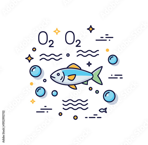Healthy aquatic life illustration featuring a calm fish surrounded by evenly spaced oxygen bubbles and gentle wave lines symbolizing steady breathing and a