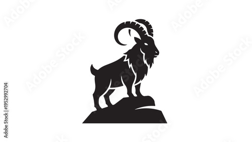 Ram silhouette with big horns, mountain goat ibex vector icon