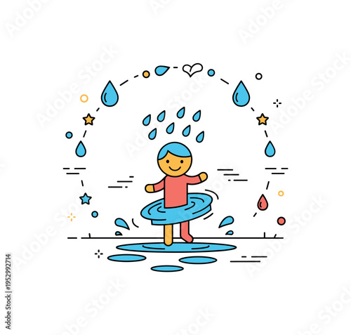 Rainy day happiness concept featuring a smiling character spinning in puddles while raindrops form a gentle circular frame around the scene, expressing