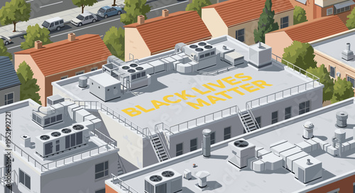 An aerial view of urban buildings featuring a rooftop mural with the phrase 'Black Lives Matter' in bold letters, modern illustration style