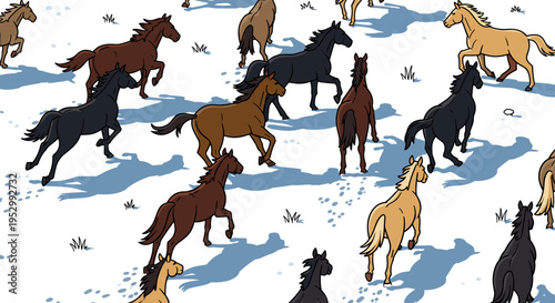 A lively scene featuring multiple horses in a snowy landscape, illustrated in a colorful, cartoonish style, ideal for animal-themed designs