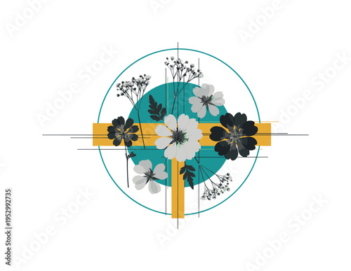 black and white pressed dried flowers arranged flat, bold teal circular halo breaking symmetry and mustard yellow rectangular bar crossing horizontally, thin