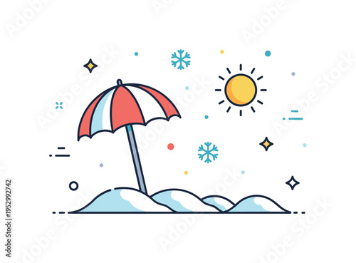 Snowy beach escape concept centered on a beach umbrella standing over snowdrifts with a bright sun icon and subtle snowflake accents, symbolizing imagination