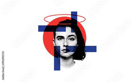 monochrome split face portrait half male half female seamlessly blended, bold red circular halo behind head and deep blue rectangular blocks slicing