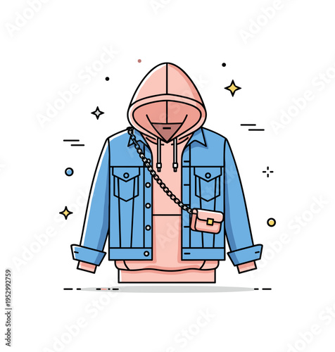 Layered street outfit denim jacket over hoodie with small chain accessory detail, expressing modern layering trends and relaxed metropolitan look. Minimalist