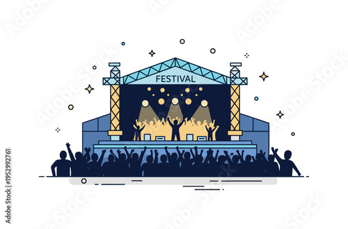 Festival night stage large outdoor platform with glowing lights and cheering audience silhouettes, conveying summer atmosphere and collective celebration.