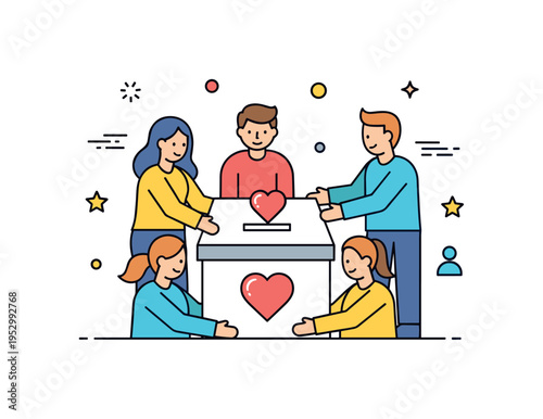 Charity fundraiser gathering featuring a donation box with a heart symbol surrounded by supportive figures, representing generosity and shared responsibility.