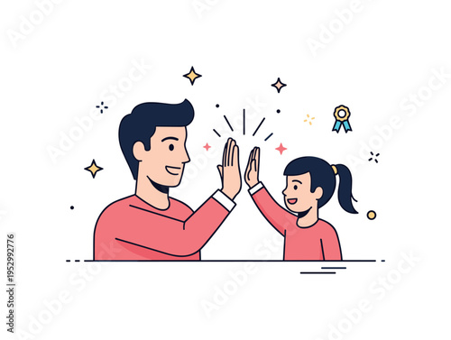 Parent and child high five gesture centered in a compact celebratory scene expressing encouragement and positive reinforcement. Subtle sparkle