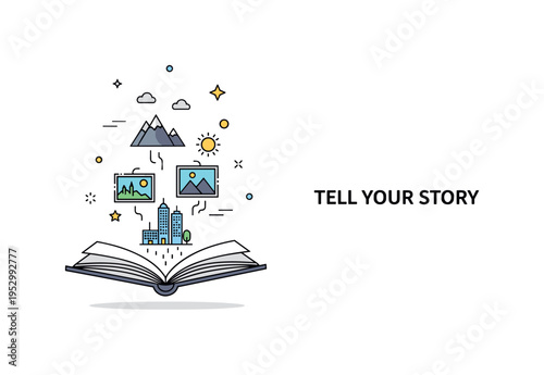 Visual storytelling concept with an open book transforming into small floating scene icons like mountains, a city skyline, and a sun, symbolizing narratives
