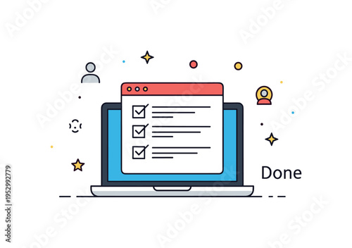 Online project management concept with a laptop displaying a simple task board and check marks symbolizing organization and efficiency in distributed teams. A