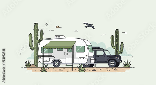 A modern camper van parked in a desert landscape featuring cacti and a bird, in a minimalist style