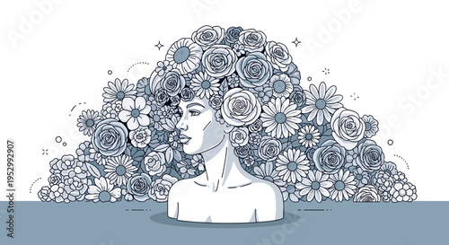 A beautiful woman with a floral hairstyle, illustrated in a minimalist style with soft colors, perfect for beauty or wellness themes