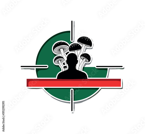 Black and white mushroom cluster emerging from abstract human silhouette, deep green circular frame element, bold red horizontal bar, thin linear accents
